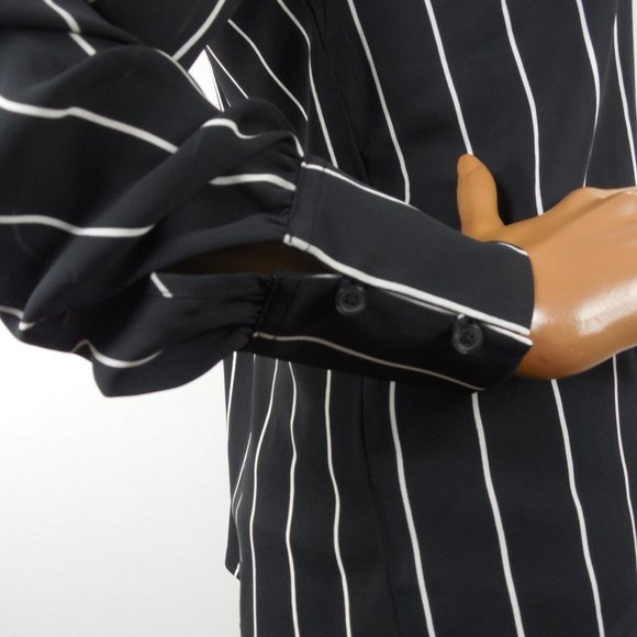 ANN TAYLOR Top M Striped Blouse Keyhole Front Long Sleeves Black/White Shirt - Picture 6 of 10